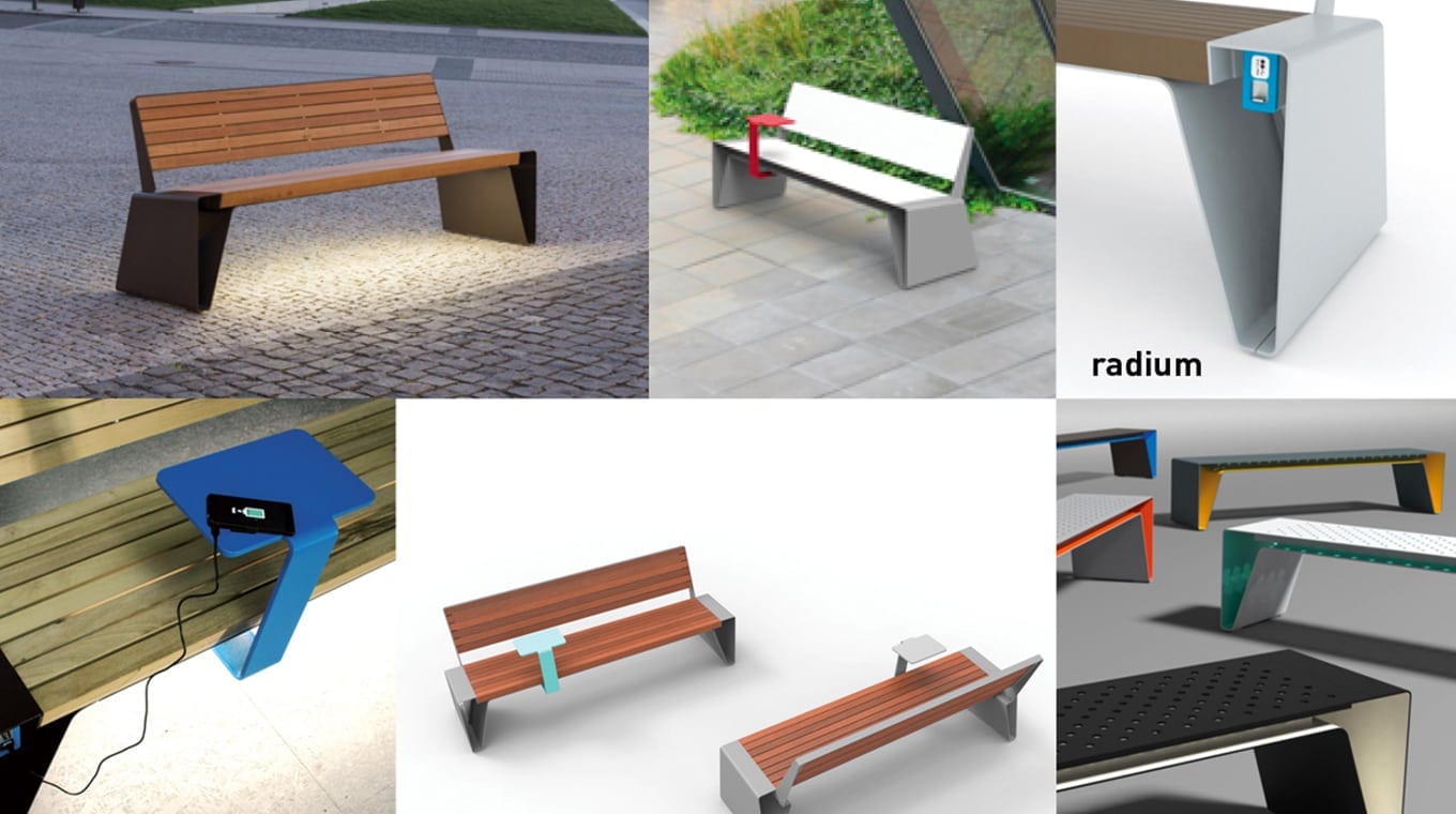 Mobilier urbain design : banc et cache-poubelle