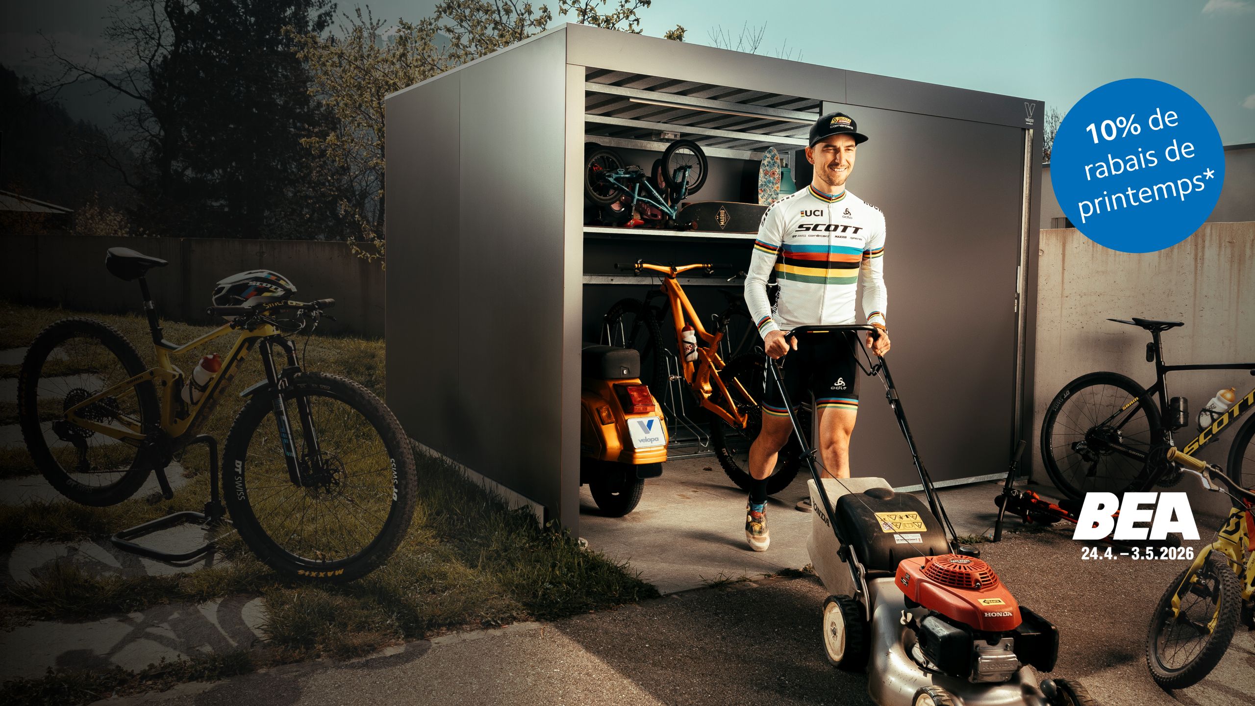 Abri à Vélo Velopa avec le champion du monde VTT Nino Schurter