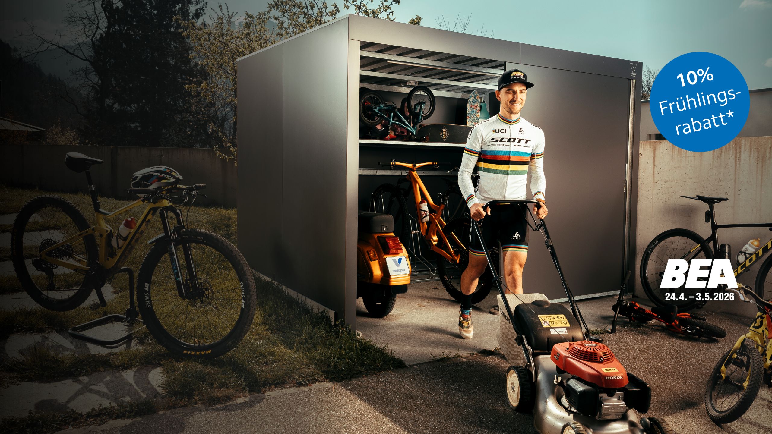 Velounterstände von Velopa mit Markenbotschafter und Bike-Weltmeister Nino Schurter